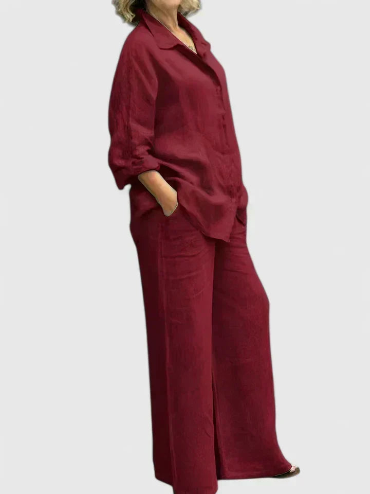 Beige women's effortless button-down shirt & wide-leg pants set. Chic loungewear, perfect for spring/summer comfort.