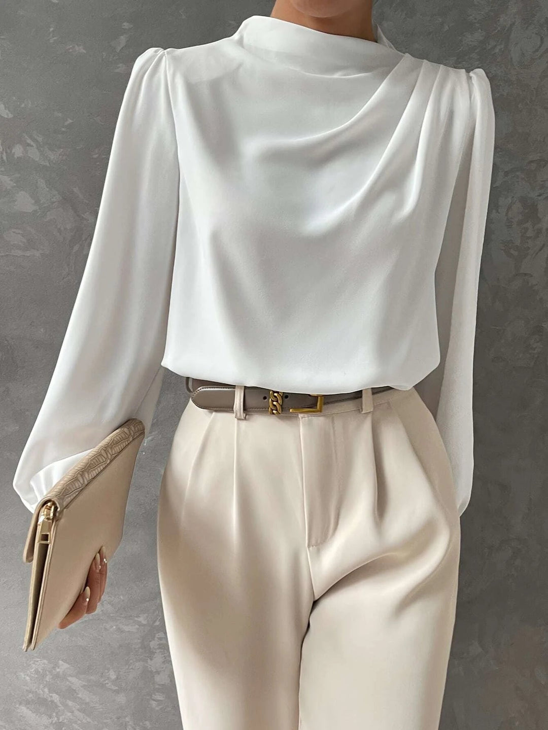 Stylish women's bishop sleeve blouse in white, perfect for work, evening wear, or smart casual.