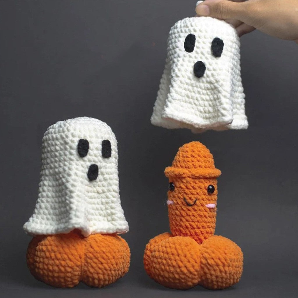 Set of charming crocheted ghost pumpkin Halloween ornaments, unique seasonal autumn home decor.