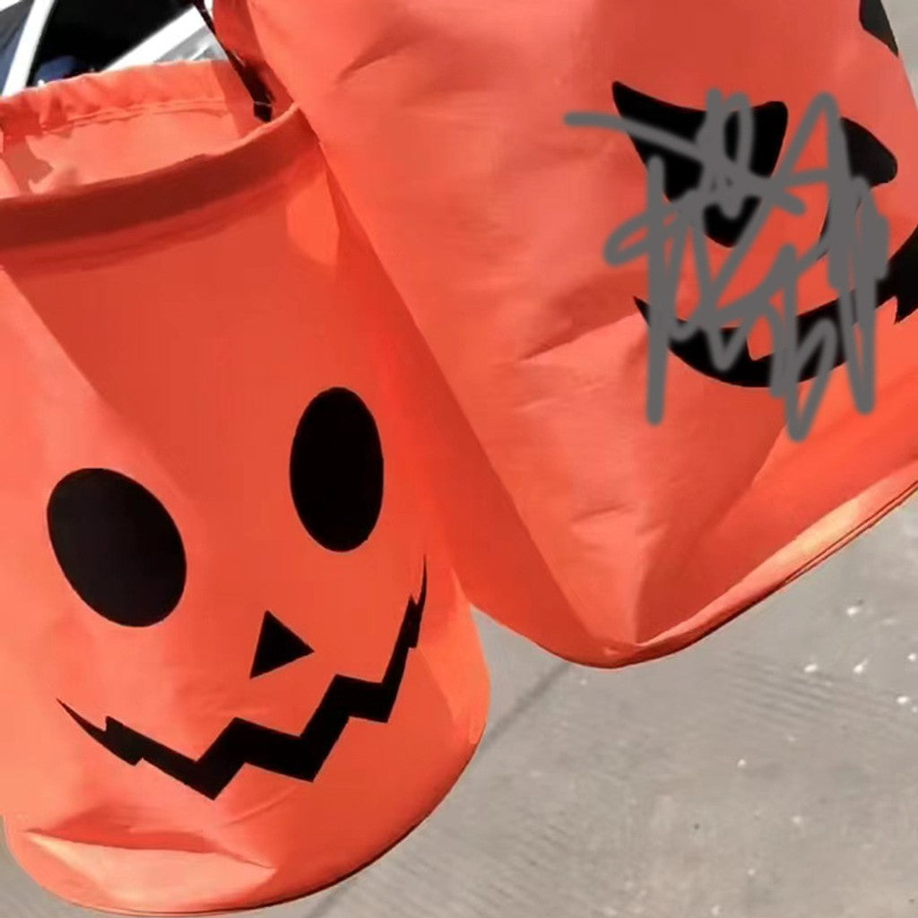 Vibrant orange 3D pumpkin bag for kids' Halloween trick-or-treating. A fun candy tote and costume accessory.