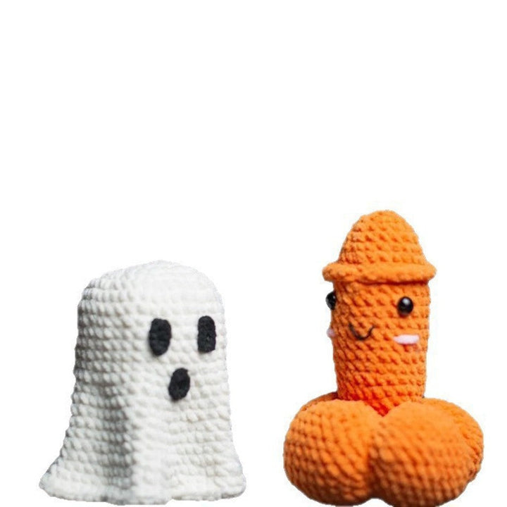 Charming crocheted ghost pumpkin Halloween decor, handmade festive ornament for modern autumn homes.