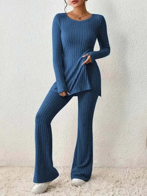 Women's stylish co-ord set with long sleeve top & flared trousers for effortless chic casual wear.