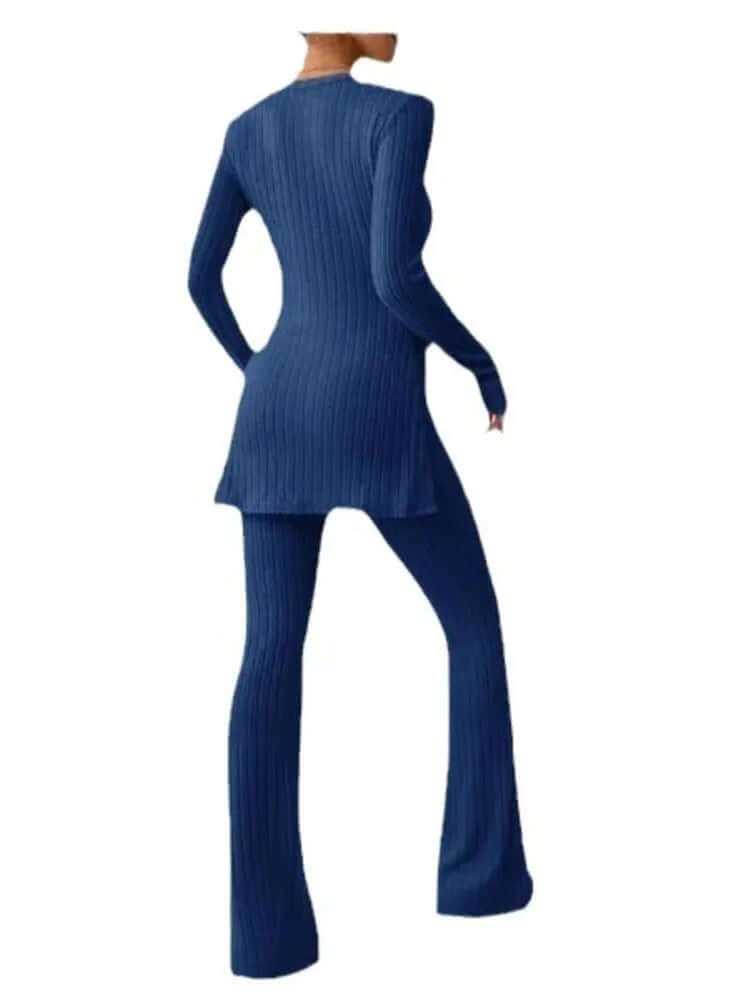 Stylish women's co-ord set with a long sleeve top and comfortable flared trousers for versatile casual wear.