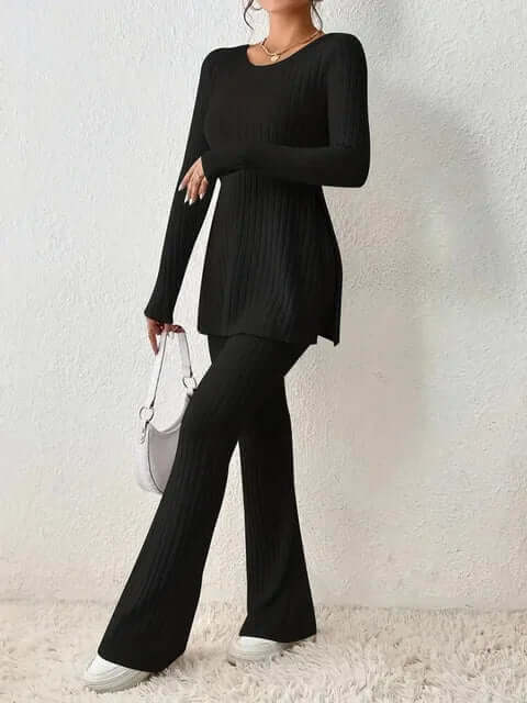 Matching two-piece outfit for women: long sleeve top and elegant flared trousers, perfect for casual style.