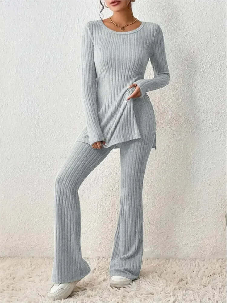 Versatile women's fashion co-ord set, featuring a chic long sleeve top and flattering flared pants.