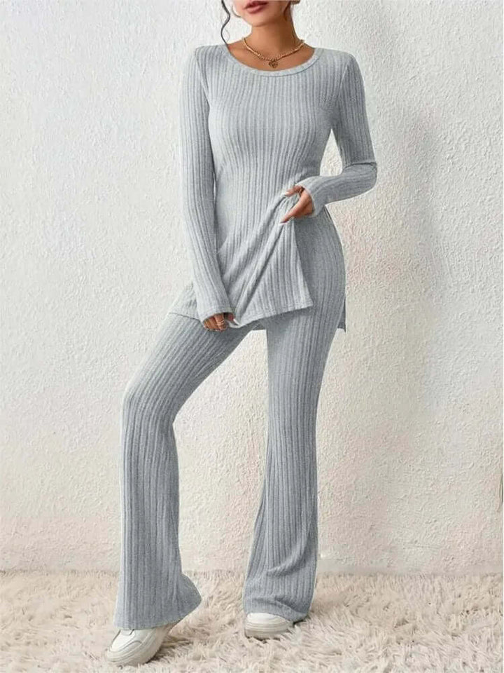 Versatile women's fashion co-ord set, featuring a chic long sleeve top and flattering flared pants.