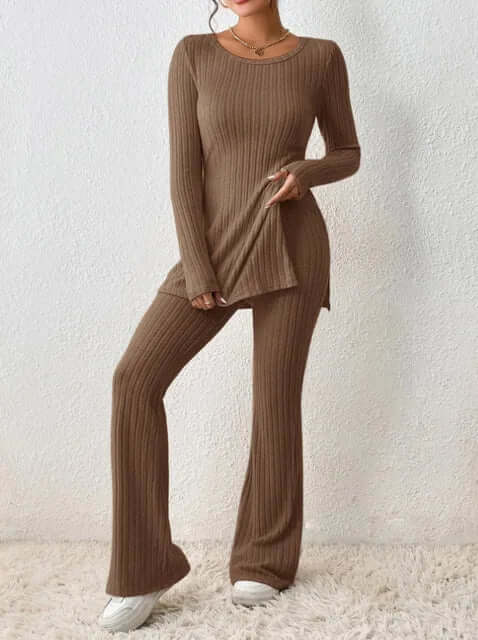 Effortless chic women's co-ord set with a comfy long sleeve top & stylish flared trousers.
