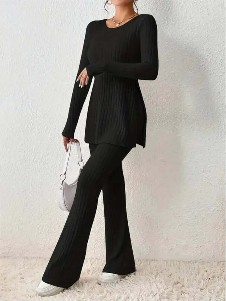 Comfortable & stylish women's co-ord set, featuring a long sleeve top and fashionable flared trousers.
