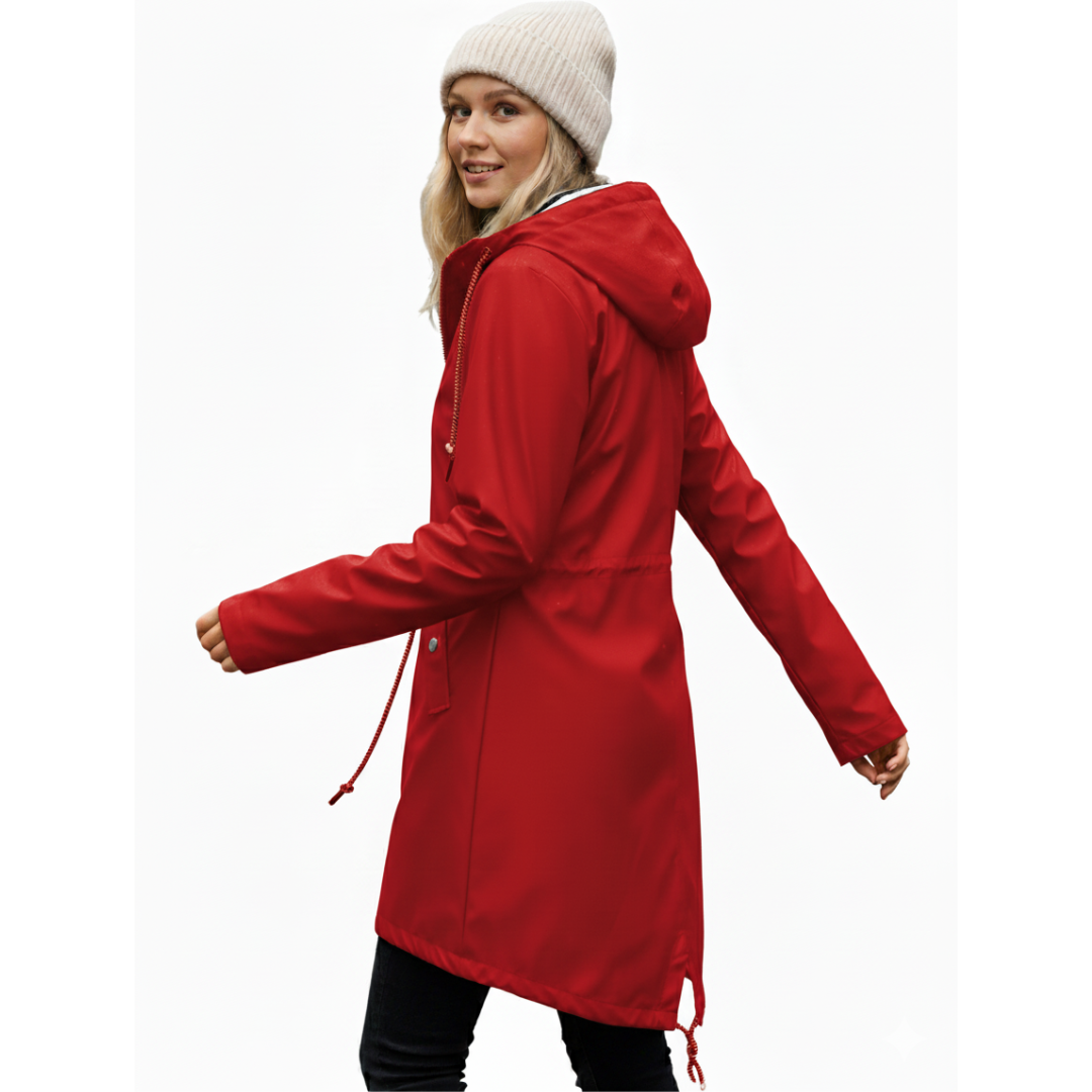 Versatile all-weather women's waterproof rain jacket. Fashionable and hooded for daily wear.