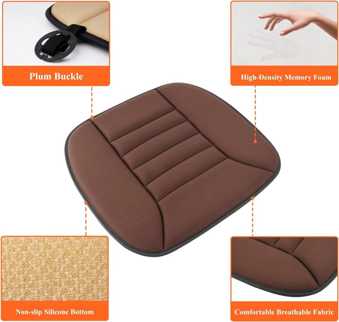 Plush memory foam car seat pad. Designed for superior driving comfort, posture, and back support.