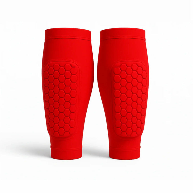 Athletic unisex shin sleeves with compression for skiing, soccer, and sports. Moisture-wicking comfort.