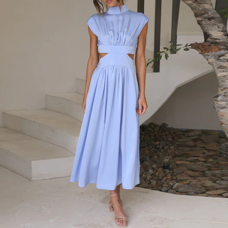 Chic high-collar stretch midi dress for women, featuring short sleeves, great for elegant or casual events.