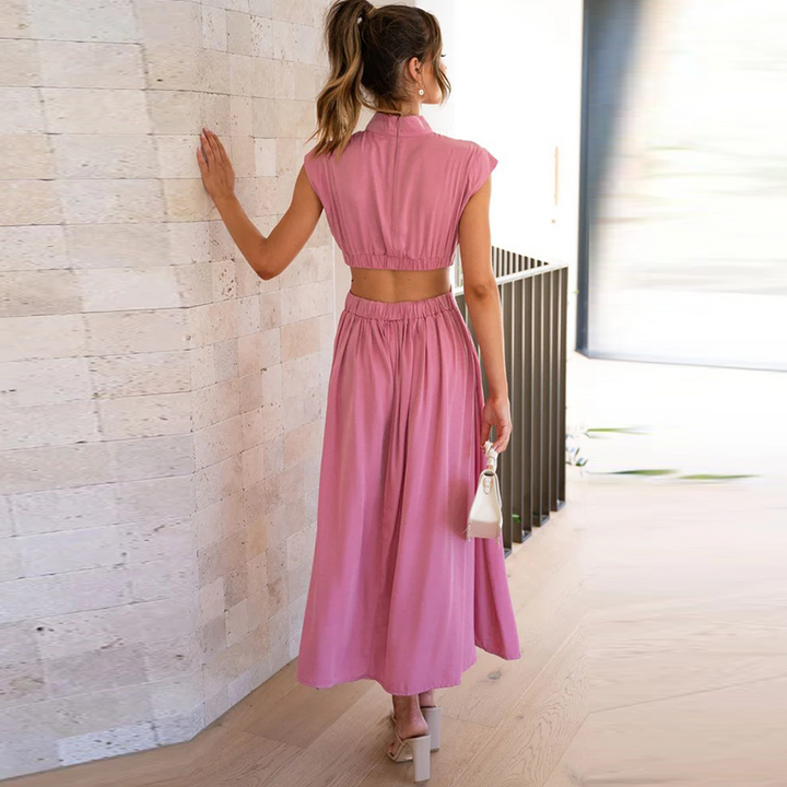 Stylish women's stretch midi dress with high collar, perfect for elegant party looks or casual outings.