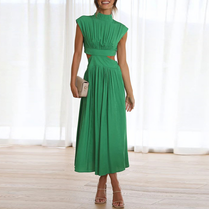 Elegant women's high-collar stretch midi dress for parties or sophisticated casual wear.