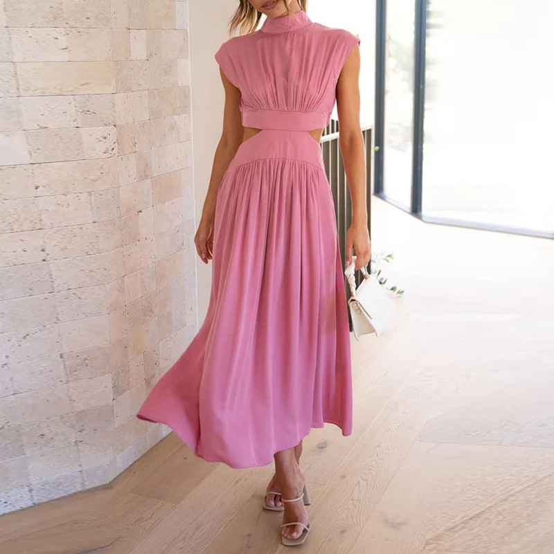 Comfortable women's short-sleeve high-collar stretch midi dress, ideal for summer vacation or daily wear.