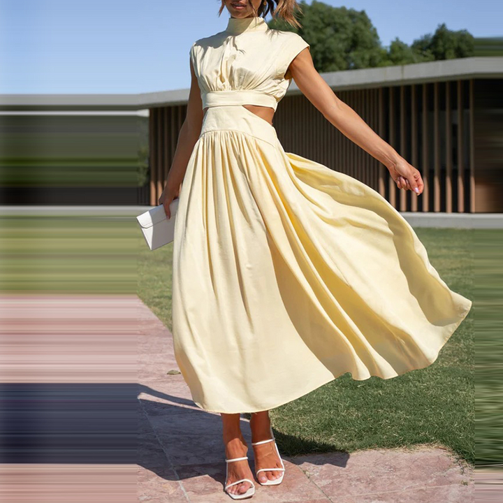 Women's elegant high-collar stretch midi dress, comfortable and stylish for summer, vacation, or parties.