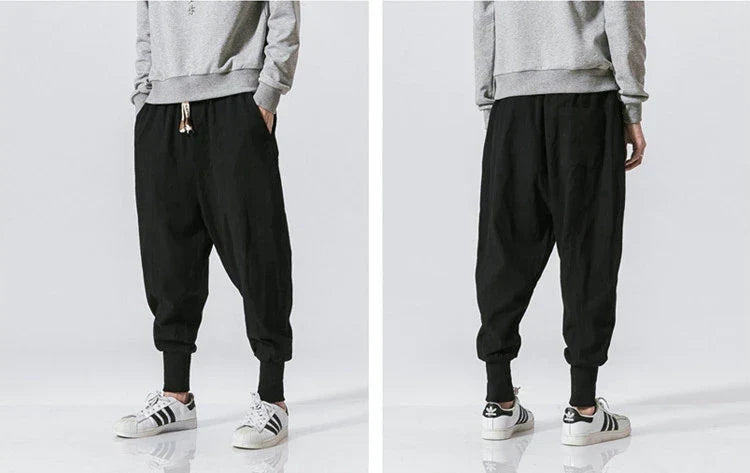 Lightweight men's harem pants, ideal for comfortable travel and a relaxed, versatile casual style.