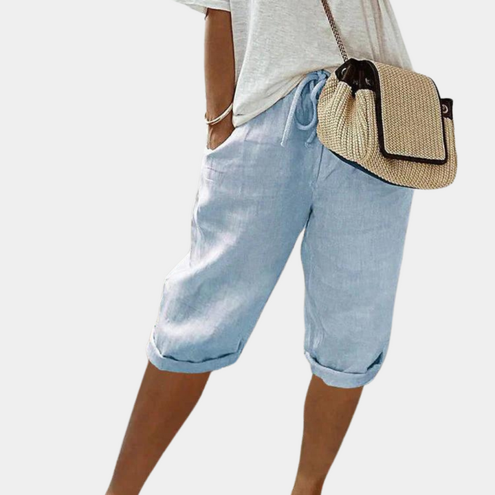 Front view of versatile women's elastic summer shorts, designed for ultimate comfort and casual style.
