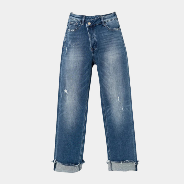 Back view of Elise comfortable high-waisted relaxed fit jeans, flattering women's bottoms for classic everyday style.