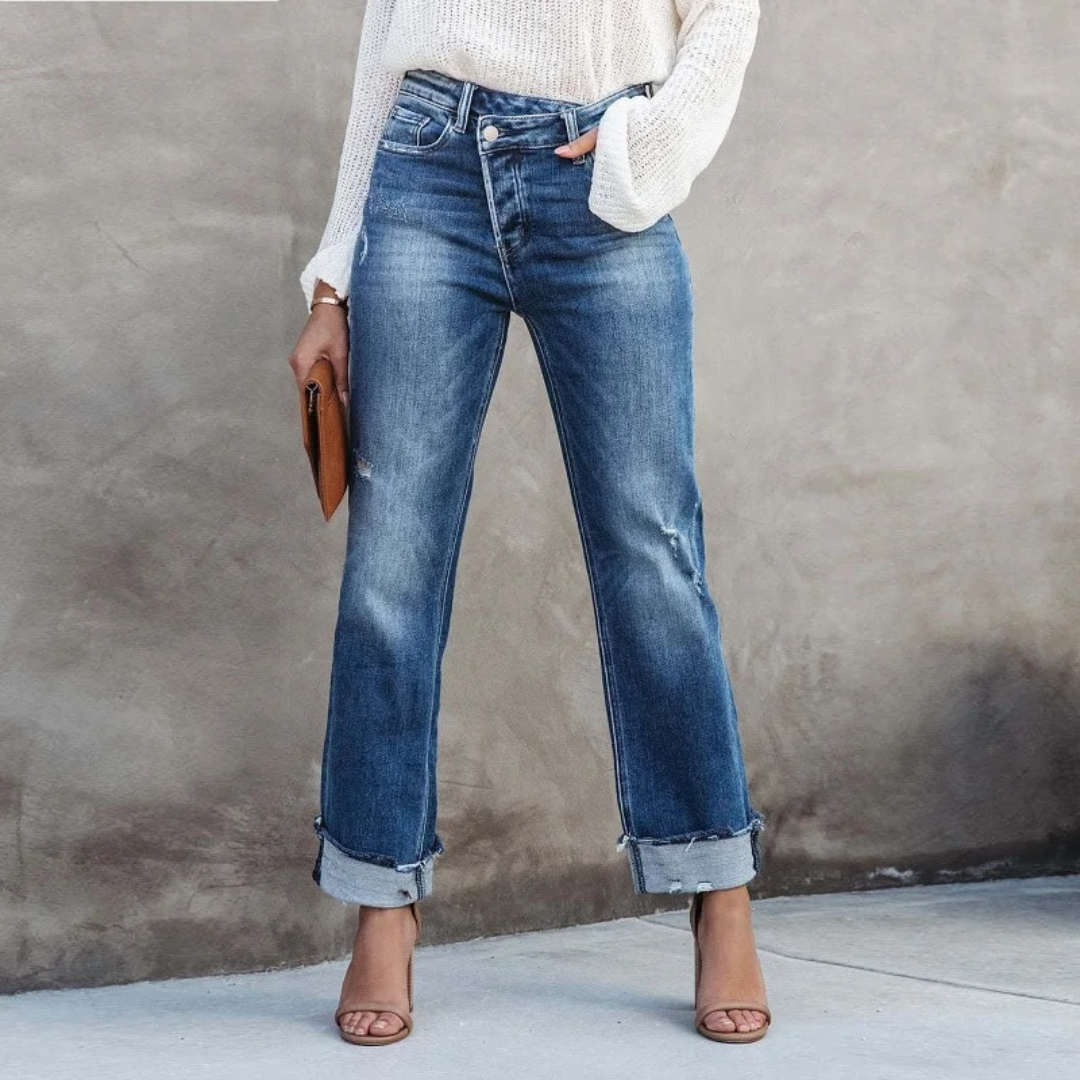 Elise high-waisted relaxed fit women's jeans in classic blue, perfect for comfortable everyday casual wear & versatile style.