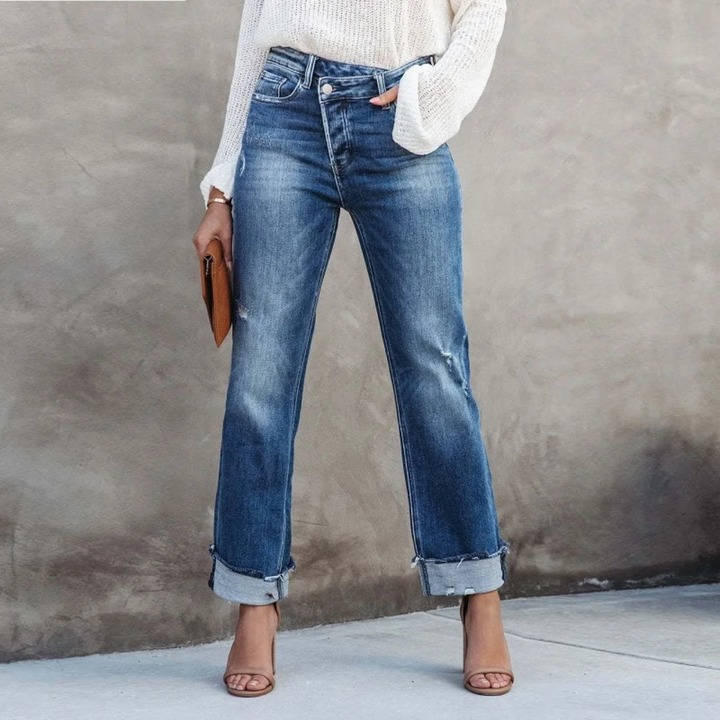Elise high-waisted relaxed fit women's jeans in classic blue, perfect for comfortable everyday casual wear & versatile style.