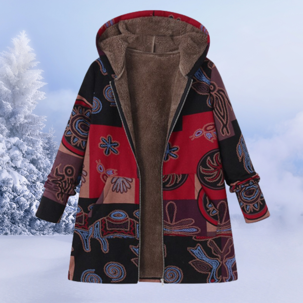 Stylish women's winter coat with a beautiful floral print, perfect warm outerwear for ladies.