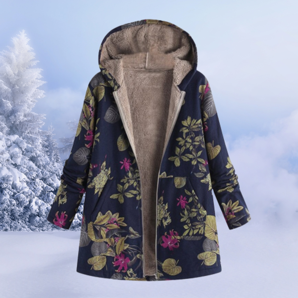 Fashionable ladies floral winter coat, stylish and warm outerwear for cold weather comfort.