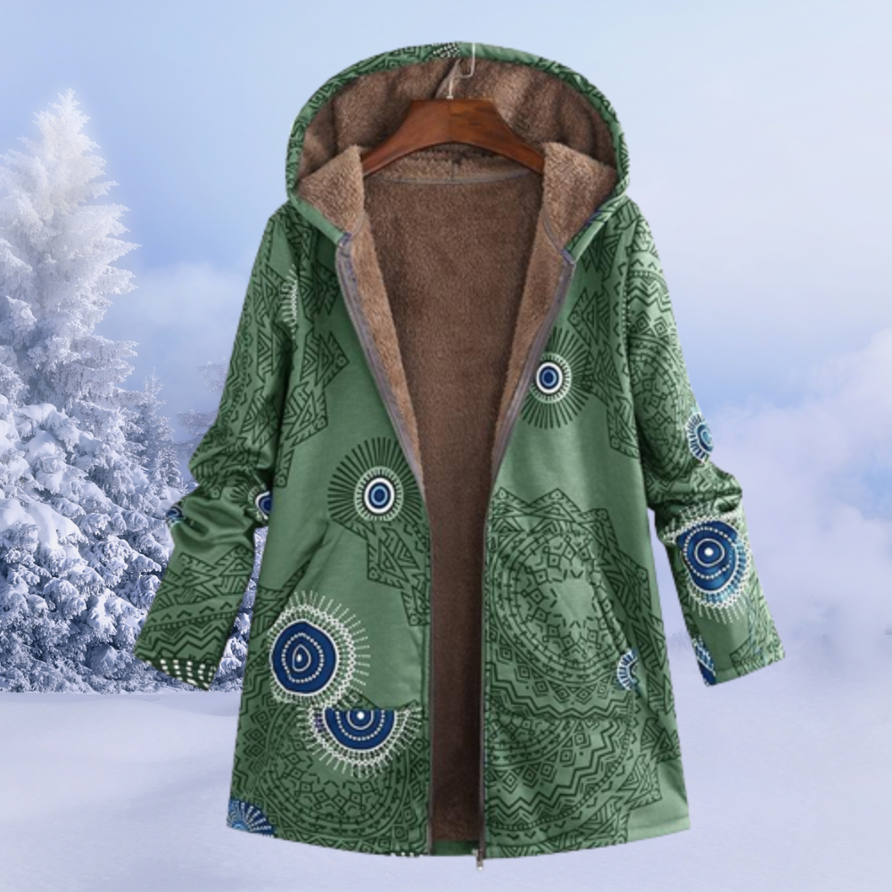 Reversible women's floral print winter jacket, offering versatile style and cozy warmth.