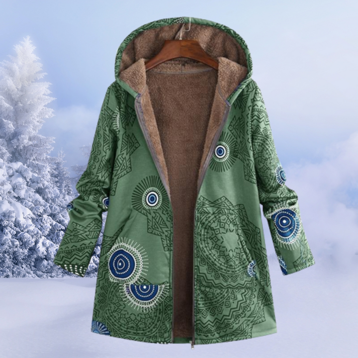 Reversible women's floral print winter jacket, offering versatile style and cozy warmth.