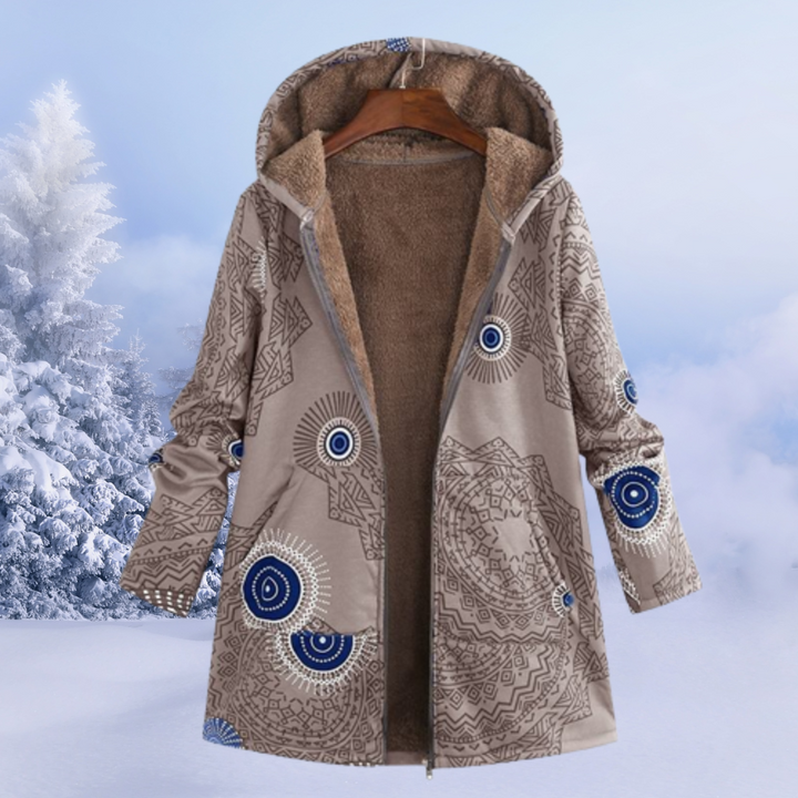 Cozy hooded floral print winter jacket for women, providing warmth and a fashionable look.