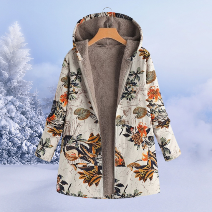Warm women's floral fashion jacket, comfortable and stylish outerwear for winter conditions.
