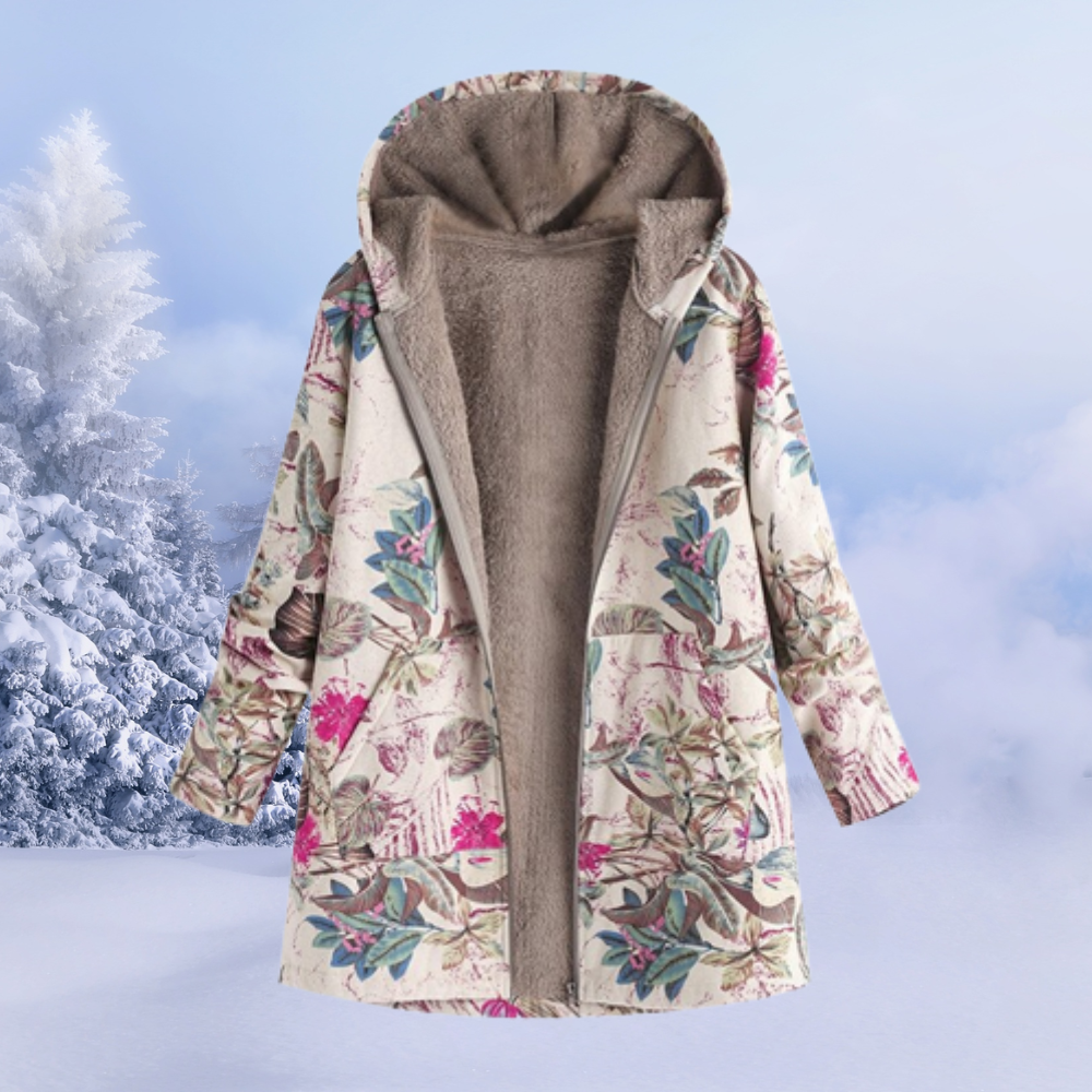 Women's comfortable floral print winter jacket, ideal for cozy cold weather fashion.