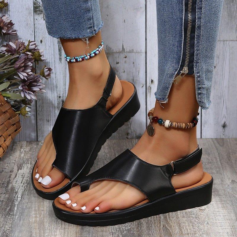 Comfortable women's bunion sandals, wide toe box, and adjustable back strap for orthopedic support.