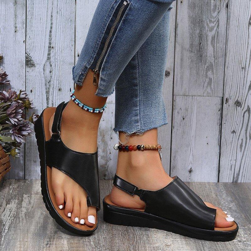 Women's bunion sandals with wide toe box, secure back strap, and arch support for comfortable walking.