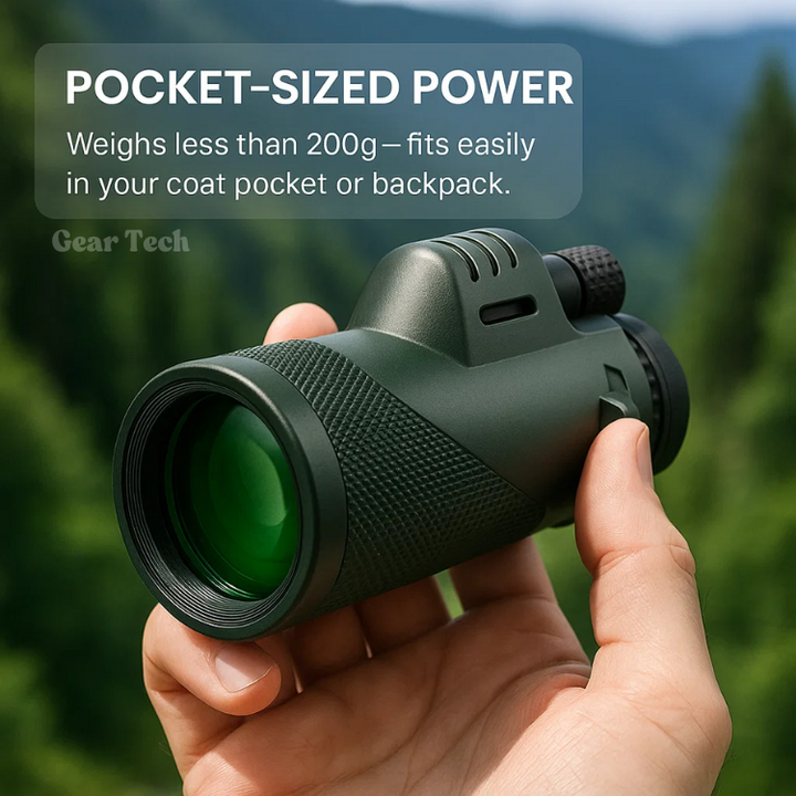 Compact monocular for hiking, offering 45x zoom & HD viewing of distant landscapes.