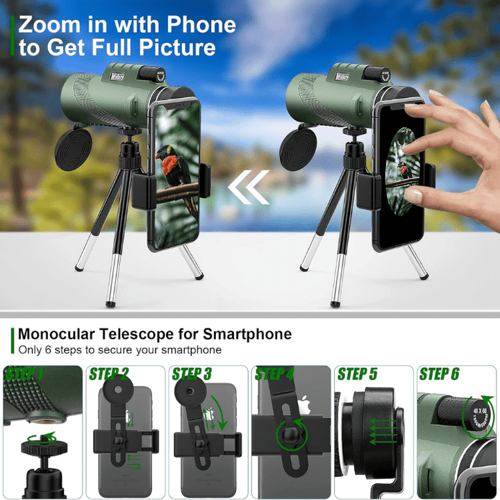 Travel-friendly, lightweight 45x zoom monocular with HD optics for versatile outdoor adventures.