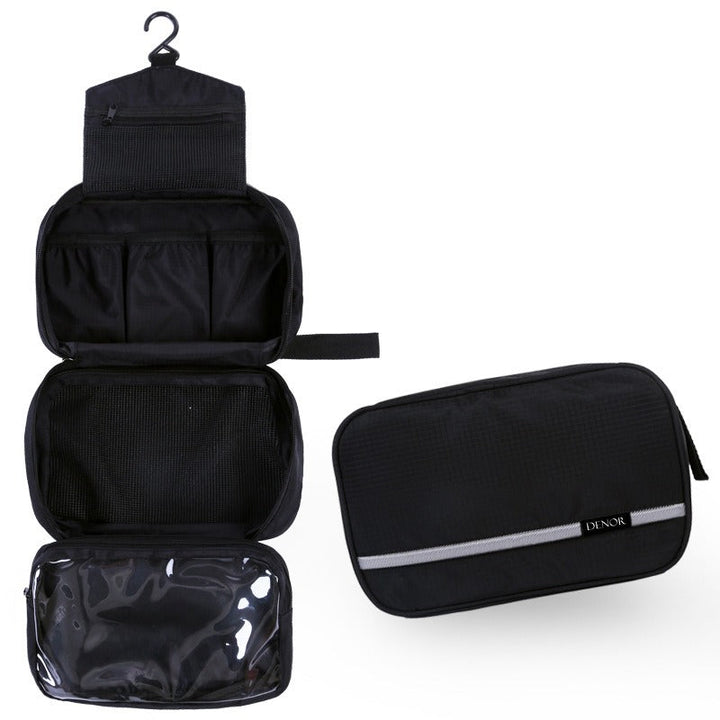 Compact black hanging toiletry bag for travel, perfect organizer.