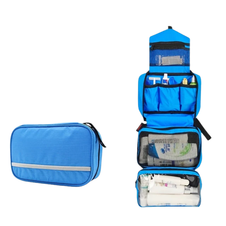 Blue travel accessory bag, versatile and easy to hang.