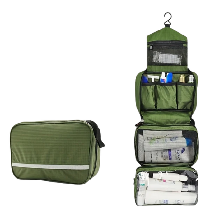 Stylish green toiletry bag, perfect for weekend getaways.