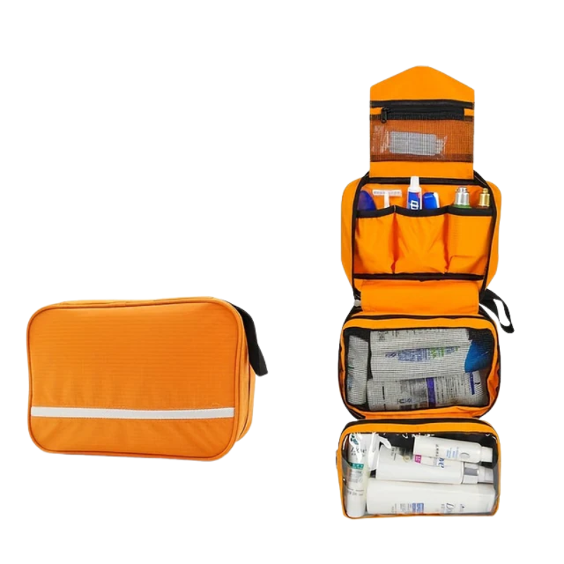 Practical orange makeup organizer, essential for travelers.