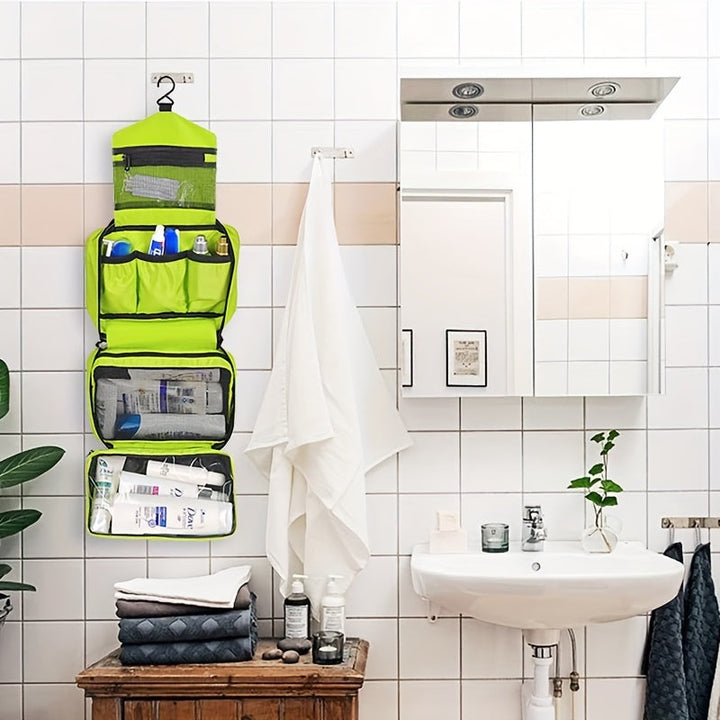 Hanging toiletry bag in black, great for bathroom organization.