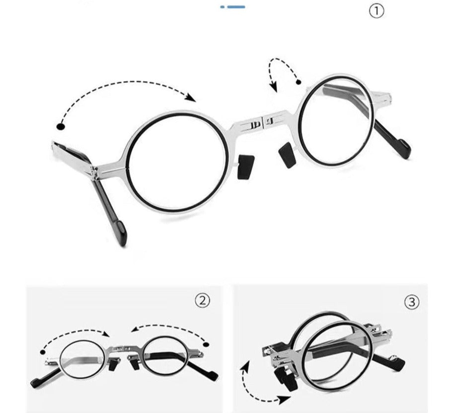 Sleek unisex compact folding reading glasses. Lightweight metal frame provides durable, portable vision aid.