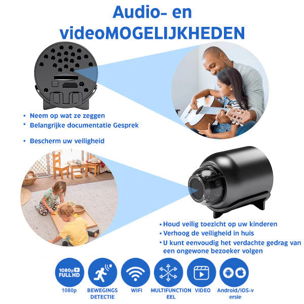 Home security camera: compact Full HD 1080p indoor WiFi camera ensures discreet 24/7 monitoring with night vision.