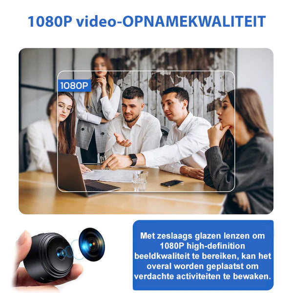 Small 1080p Full HD security camera with infrared night vision, WiFi connectivity, ideal for indoor surveillance.