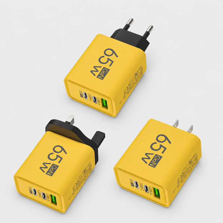 Compact GaN fast wall charger with multiple USB-C & USB-A ports for quick phone, laptop, and tablet charging.
