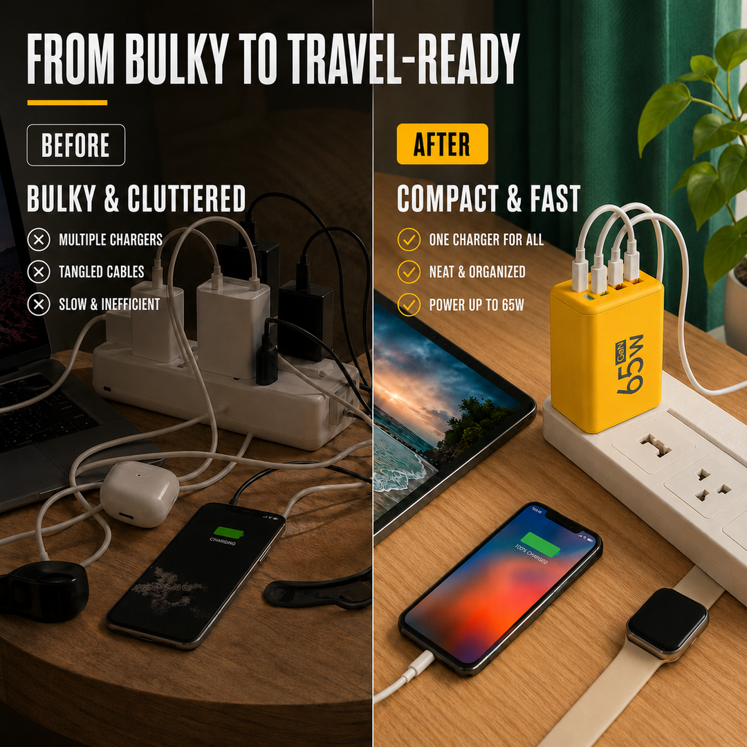 Smart multi-port GaN travel charger. Provides quick, efficient power to phones, laptops, and USB devices globally.