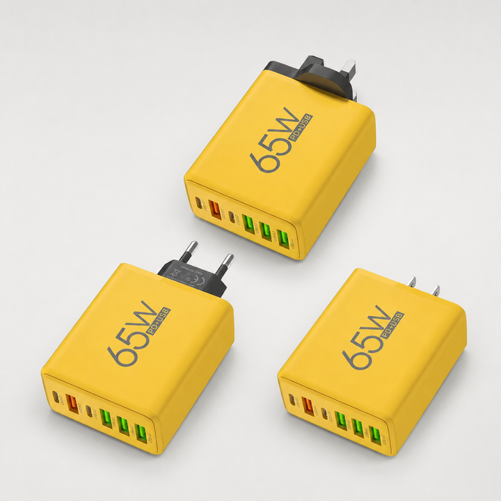 Universal multi-port GaN travel wall adapter. Efficiently charges laptops, phones, and devices quickly worldwide.
