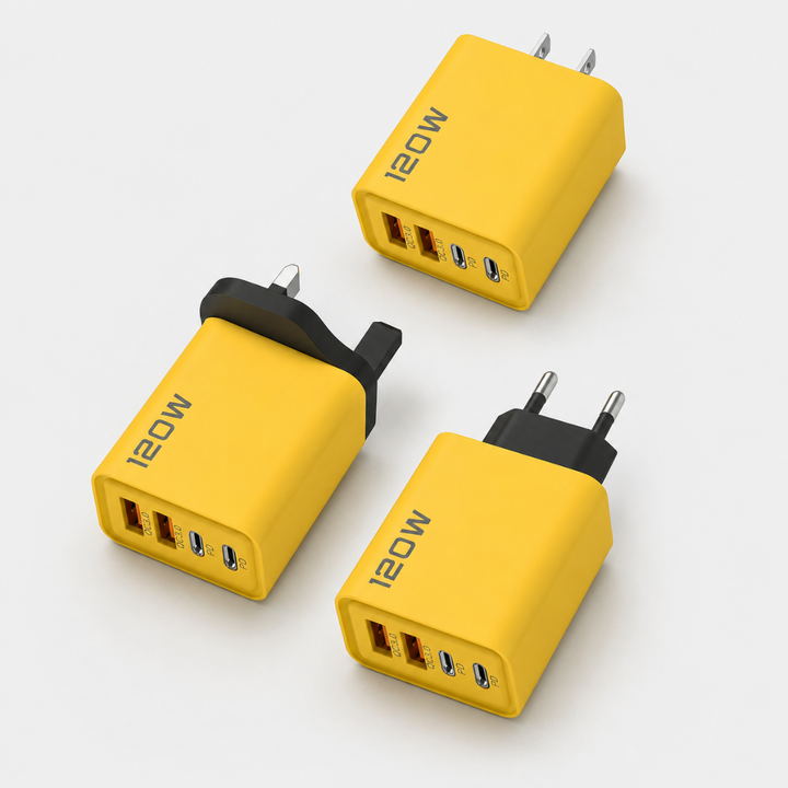 High-speed GaN USB-C wall charger with multiple ports for rapid phone, tablet, and laptop quick charge power.
