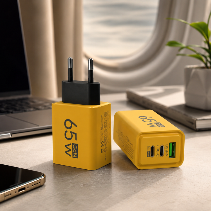 Black multi-port GaN fast charger. Ideal travel adapter for USB-C & USB devices; quick charge compatible.