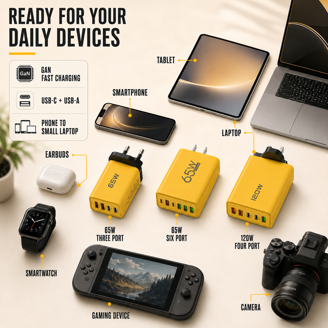Compact GaN USB-C wall charger for fast charging. Multi-port design for universal phone & laptop power delivery.